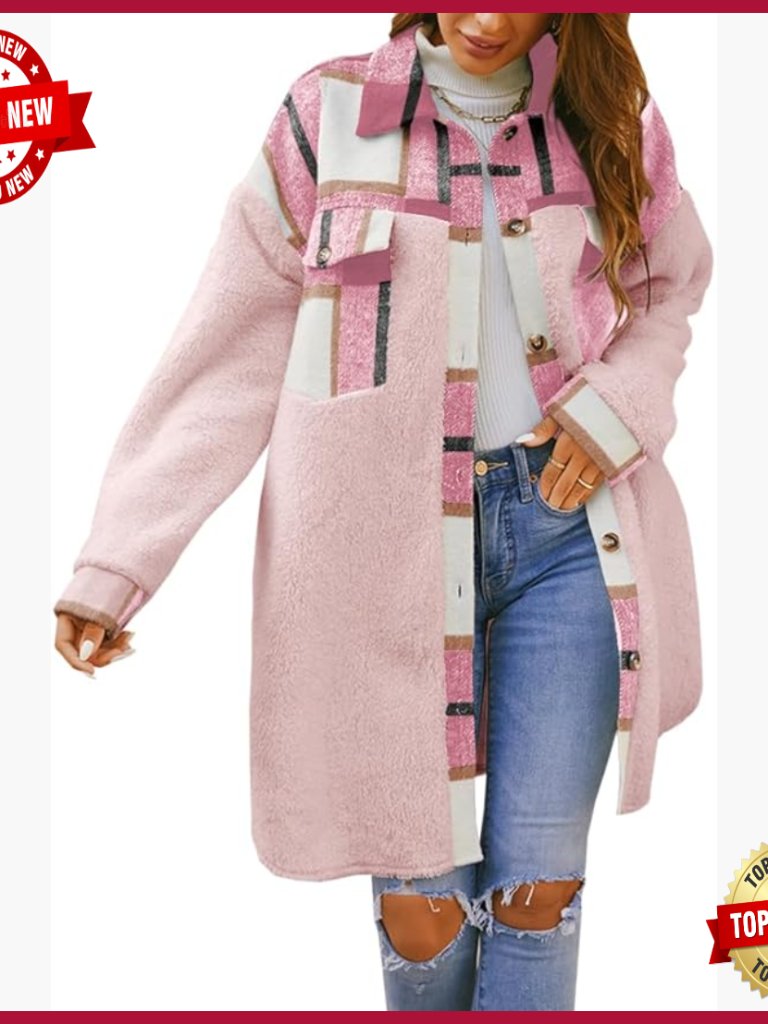 Fleece Shacket Jacket Plaid Button Down Oversized Fit Lightweight Winter Coat